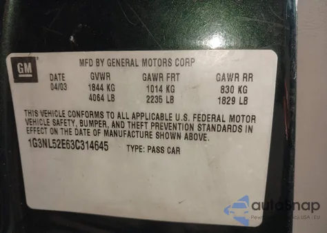 2003 Oldsmobile Alero Gl2 from USA, damaged, VIN 1G3NL52E63C314645